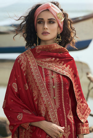 DRAVINAM Trends Women's Pure Banarasi Silk Unstitched Embroidered Sharara Style salwar Suit Dress Material with Heavy Pure Banarasi Jacquard Silk Dupatta (Free size_Magenta)
