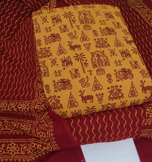 DRAVINAM Trends Women's Premium Cotton Unstitched Salwar Suit Dress Material Set | Traditional Rajasthani Gujari Block Print (Red & Mustard Yellow)