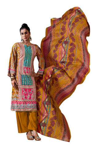DRAVINAM Trends Women's Unstitched Embroidered Suit Dress Material - Heavy Viscose Rayon Printed Top with Fancy Hand Embroidery (2.5m), Rayon Bottom (2.8m), Cotton Dupatta (2.25m)