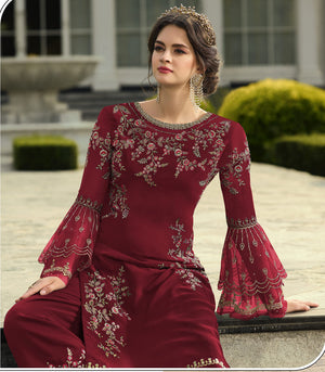 DRAVINAM Trends Women's Faux Georgette Semi Stitched Top With Unstitched Santoon Bottom and Net Dupatta Embroidered Straight Kurta Dress Material (Kurta Set)