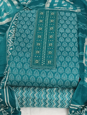 DRAVINAM Trends Women's Premium Cotton Jaipuri Printed Embroidered and Hand Work Unstitched Salwar Suit Dress Material with Mulmul Cotton Dupatta