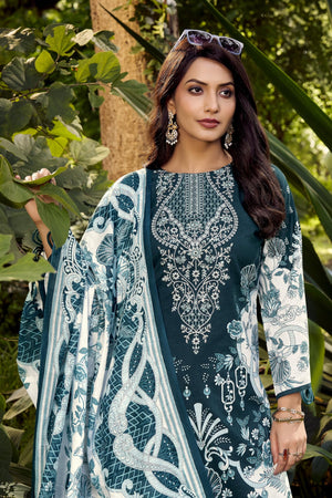 DRAVINAM Trends Women's Unstitched Cotton Suit Dress Material -Embroidered Digital Print Top II Plain Bottoms II Digital Print Dupatta