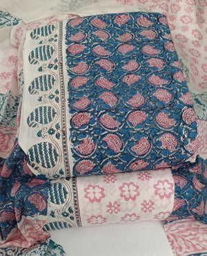 DRAVINAM Trends Hand Block Dabu Print Indigo Cambric Unstitched Cotton Suit Dress Material for Women with Mulmul Cotton Hand Printed Dupatta