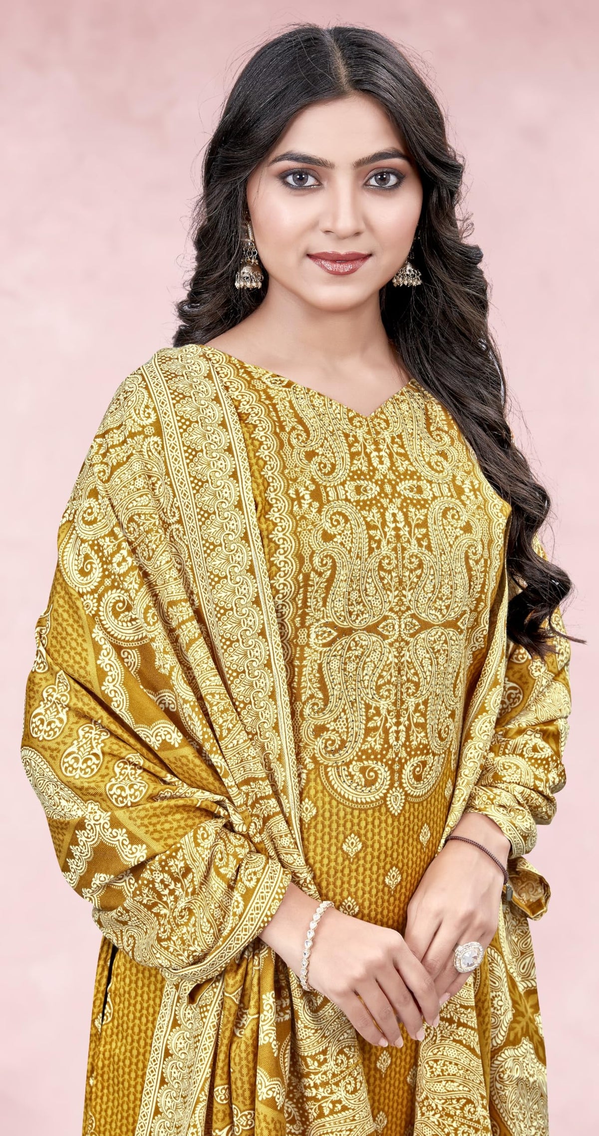 DRAVINAM Trends Heavy Spun Kani Kashmiri Printed Unstitched Salwar Suit for Women with Siroski Work and Pashmina Shawl Dupatta