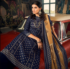 DRAVINAM Trends Women's Unstitched Printed Bandhani Woollen spun Salwar Suit Dress Material with Printed Shawl Dupatta (Free Size_Blue)