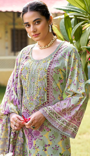 DRAVINAM Trends Unstitched Cotton Suit Dress Material Set: Pakistani Print Top Fabric with Embroidery | Customizable Solid Bottoms | Cotton Fancy Dupatta