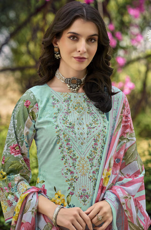 DRAVINAM Trends Women's Pure Cotton Digital Printed Suit with Exclusive Heavy Self-Embroidery Neck & Organza Daman Embroidery | Mal Mal Cotton Printed Dupatta & Bottom – Ready to Wear (OLIVE, XXL)