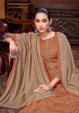 DRAVINAM Trends Women's Winter Wear Unstitched Discharge Print Hand Work Neck Embroidered Woollen Viscose Pashmina Salwar Suit Dress Material with Pashmina Printed Shawl Dupatta