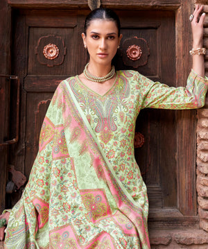 DRAVINAM Trends Women's Winter Wear Woolen Pashmina Digital Kani Printed Swaroski Work Unstitch Salwar Suit Dress Material with Digital Printed Pashmina Woolen Warm Shawl Dupatta