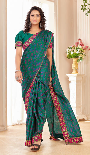 DRAVINAM Trends Women's Pure bright georgette Bandhani Print saree with Lace Borders and Solid Blouse Piece (Blue)