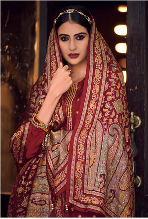 DRAVINAM Trends Women's Pure Dolla Jacquard Banarasi Silk Unstitched Heavy Pakistani Salwar Suit Dress Material with Pure Organza Digital Printed Brasso dupatta (Maroon)
