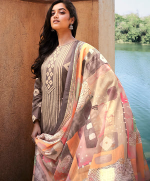 DRAVINAM Trends Women's Embroidered Digital Jaipuri Batik Printed Jam Cotton Unstitch Suit Material with Pure Masline Chunni (Grey)