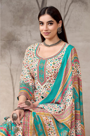DRAVINAM Trends Women's Winter Wear Pure Viscose Woolen Pashmina Digital Kani Printed Swaroski Work Unstitch Salwar Suit Dress Material with Pure Digital Viscose Pashmina Woolen Warm Shawl Dupatta