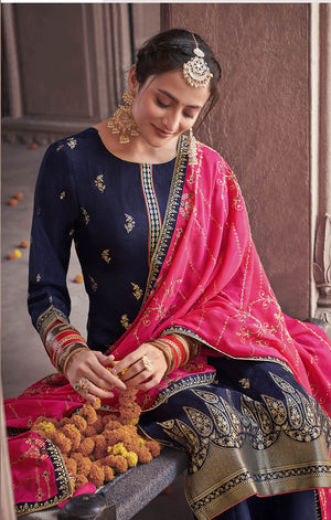 DRAVINAM Trends Women's Pure Banarasi Silk Jacquard Sequence embroidered Unstitched Salwar Suit Dress material with Chinon Silk Sequence and Embroidered Heavy Dupatta (Free size_Blue)