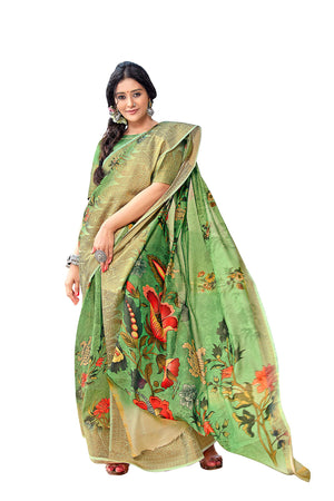 DRAVINAM Trends Women's Digital Printed Soft Cotton Linen Saree with Zari Weaving Border and Matching Blouse Piece (Green)