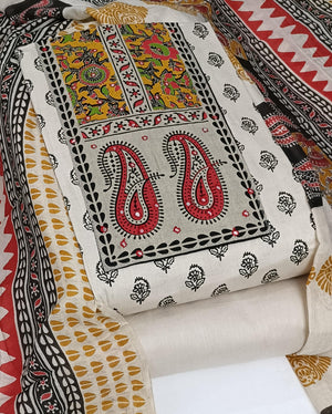 DRAVINAM Trends Women's Unstitched Cambric Cotton Dress Material Salwar Suit Set with Dupatta | Geometric Batik Print & Embellished Neckline (Multicolor)