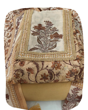 DRAVINAM Trends Women's Linen Cross-Stitch Floral Print Unstitched Salwar Suit Dress Material with Malai Cotton Bottom & Linen Dupatta