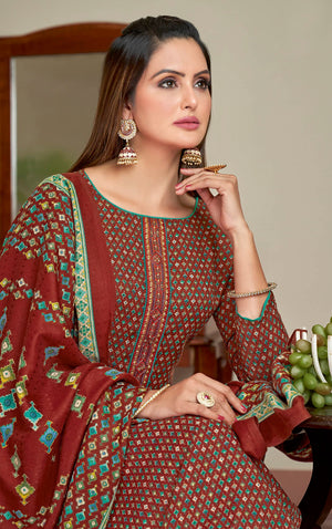 DRAVINAM Trends Women's Unstitched dobby Print Woollen Pashmina Salwar Suit Dress Material with Embroiderywork and Pashmina Printed Shawl Dupatta (Free Size_Green)