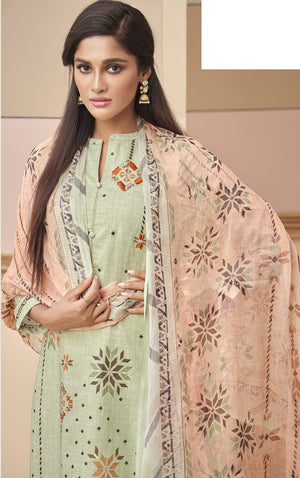 DRAVINAM Trends Women's Unstitched Hand Embroidered Digital Printed Pure Cambric Cotton Salwar Suit Dress Material with Digital Printed Half Pure Dupatta (Light Green)