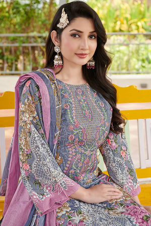 DRAVINAM Trends Unstitched Suit Material Karachi Lawn Cotton Pakistani Digital Printed Embroidered Kameez with Unstitched Bottoms and Cotton Dupatta
