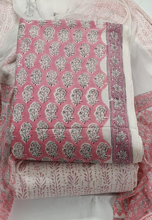 DRAVINAM Trends Hand Block Print Cambric Cotton Unstitched Salwar Suit Set for Women with Pure Chiffon Hand Printed Dupatta