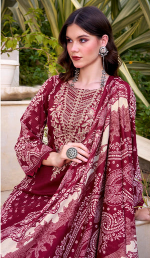 DRAVINAM Trends Women's Unstitched Cotton Suit Dress Material -Embroidered Digital Print Top II Plain Bottoms II Digital Print Dupatta