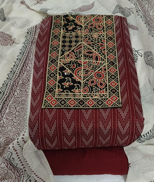 DRAVINAM Trends Women's Cambric Cotton Dress Material | Unstitch Kalamkari Printed Suit Set with Cotton Dupatta