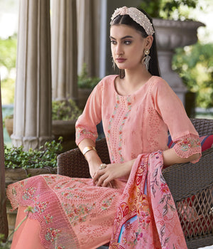 DRAVINAM Trends Women's Unstitched Lawn Cotton Karachi Embroidered Suit Material - Lawn Cotton Heavy Karachi Embroidered Shirt with Heavy Daman Work II Cotton Bottoms II Cotton Digital Printed Dupatta