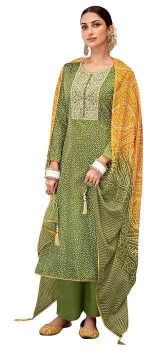 DRAVINAM Trends Unstitched Bandhani Printed Pure Jam Cotton Suit Material with Embroidery and Pure Maslin Dupatta