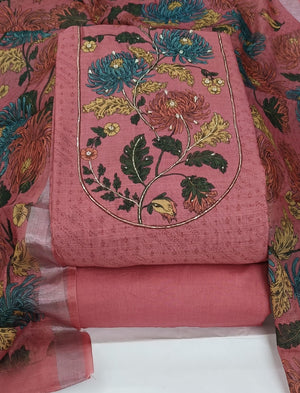 DRAVINAM Trends Women's Premium Pure Linen Floral Printed Unstitched Salwar Suit Dress Material with Dupatta