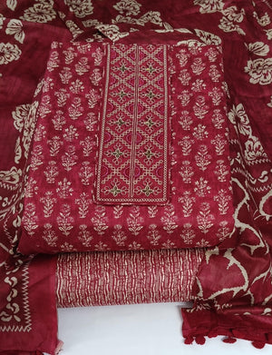 DRAVINAM Trends Women's Printed Embroidered and Hand Work Premium Cotton Jaipuri Unstitched Salwar Suit Dress Material with Mulmul Cotton Dupatta