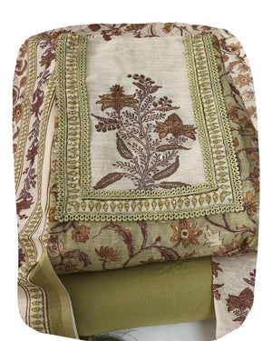 DRAVINAM Trends Women's Linen Cross-Stitch Floral Print Unstitched Salwar Suit Dress Material with Malai Cotton Bottom & Linen Dupatta