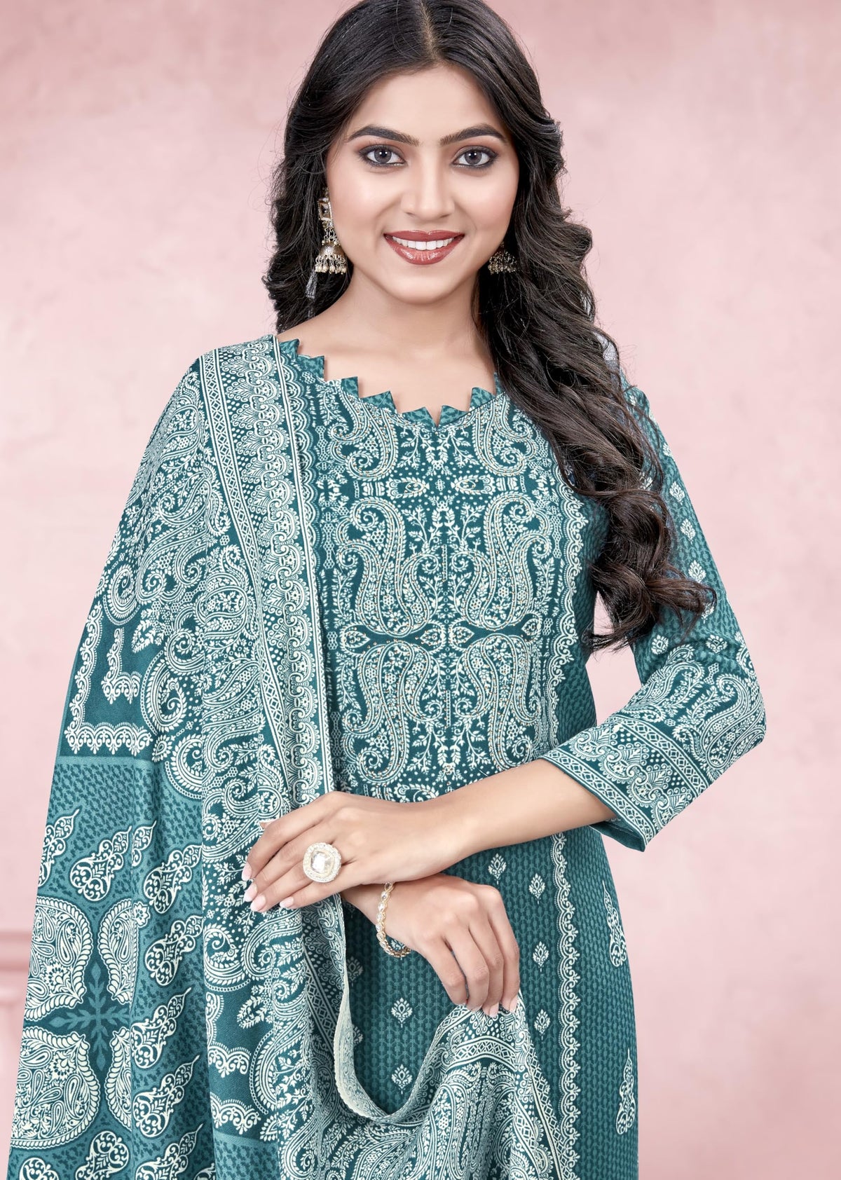 DRAVINAM Trends Heavy Pashmina Spun Digital Style Kani Kashmiri Printed Unstitched Salwar Suit for Women with Siroski Work and Printed Pashmina Shawl Dupatta