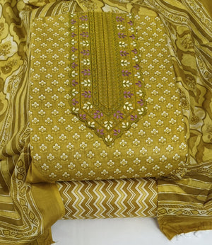 DRAVINAM Trends Women's Printed Embroidered and Hand Work Premium Cotton Jaipuri Unstitched Salwar Suit Dress Material with Mulmul Cotton Dupatta