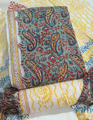 DRAVINAM Trends Hand Block Print Sanganeri Cambric Unstitched Cotton Suit Dress Material for Women with Mulmul Cotton Hand Printed Dupatta