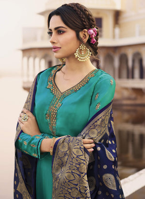 DRAVINAM Trends Women's Satin Georgette Unstitched Embroidered Chudidaar Salwar Suit dress Material with Heavy Pure Banarasi Meena Jacquard silk Dupatta (Free size_Blue and Firozee)
