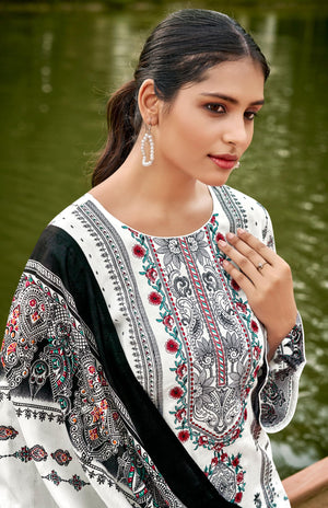 DRAVINAM Trends Women's Pakistani Print Embroidered Unstitcehd Pure Cambric Cotton Salwar Suit Dress Materials with Pure Cotton Printed Dupatta