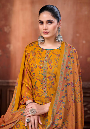 DRAVINAM Trends Women's Winter Wear Unstitched Discharge Print Hand Work Neck Embroidered Woollen Viscose Pashmina Salwar Suit Dress Material with Pashmina Printed Shawl Dupatta