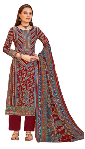 DRAVINAM Trends Women's Unstitched Kashmiri Kaani Print Swaroski work Warm Woollen Pashmina Salwar Suit Dress Material with Pashmina Printed Shawl Dupatta (Free Size_Red)