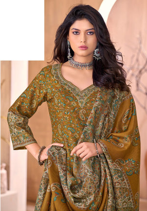 DRAVINAM Trends Women's Unstitched Winter Wear Kashmiri Kani Printed Swaroski Work Heavy Woolen Pashmina Salwar Suit Dress Material with Printed Shawl Dupatta