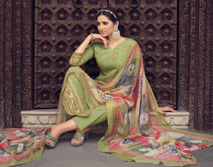DRAVINAM Trends Unstitched Printed Mirror Work Cotton Salwar Suits Dress Material with Chiffon Dupatta (Green)