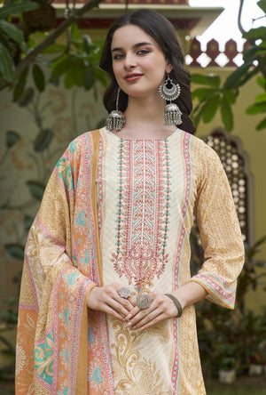 DRAVINAM Trends Kurti 2.50 mtrs, Pure Cotton Salwar (3 mtrs apx), Pure Cotton Mal Mal Print (2.30|Light Brown 1