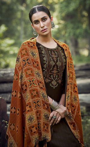 DRAVINAM Trends Women's Pure Wool Pashmina Embroidered Unstitched Palazzo/Pant/Salwar Suit with Pashmina wool Shawl Dupatta/Chunni for/Office Wear/Casual/Winter wear (Brown)