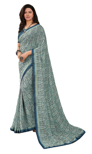 DRAVINAM Trends Women's Printed Pure Georgette Saree With Digital Border and Unstitched Blouse (Light Blue)