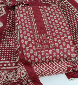 DRAVINAM Trends Women's Printed Embroidered and Hand Work Premium Cotton Jaipuri Unstitched Salwar Suit Dress Material with Mulmul Cotton Dupatta