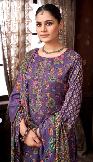 DRAVINAM Trends Women's Winter Wear Unstitched Discharge Print Embroidered Woollen Viscose Pashmina Salwar Suit Dress Material with Pashmina Printed Shawl Dupatta