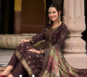 DRAVINAM Trends Women's Pure Dola Banarasi Silk Salwar Kameez Suit Dress Material with Digital Printed Embroidered Pure Viscose Heavy Silk Dupatta (