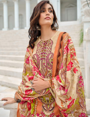 DRAVINAM Trends Women's Lawn Cotton Pakistani Embroidered Suit Dress Material with Unstitched Bottoms and Cotton Dupatta
