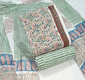DRAVINAM Trends Hand Block Print Pure Cambric Cotton Unstitched Suit Material with Chiffon Hand Printed Dupatta