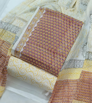 Hand Block Bagru Print Pure Cambric Cotton Unstitched Suit Material with Chiffon Hand Printed Dupatta